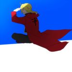  black_shirt blonde_hair blue_background boots braid coat crossed_legs edward_elric flamel_symbol fullmetal_alchemist gloves hand_to_forehead looking_away male_focus pants red_coat riru shaded_face shadow shirt sky smile solo sunlight white_background 