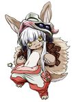  :3 animal_ears check_commentary commentary commentary_request donoteat ears_through_headwear fang fur furry helmet made_in_abyss nanachi_(made_in_abyss) open_mouth pants solo tail whiskers white_background white_hair yellow_eyes 