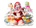  anti-eyebrow_piercing belt blue_eyes bodskih bra breasts cake candy capelet cleavage eating food fur_trim grin hat holding holding_food jewelry_bonney large_breasts lollipop long_hair looking_at_viewer midriff navel one_piece pink_hair pink_ribbon red_bra red_hat red_shorts ribbon santa_costume santa_hat short_shorts shorts smile solo stomach transparent_background underwear wrist_cuffs 