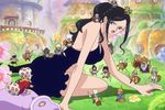  1girl 20boys ass bare_shoulders black_boots black_dress black_hair blue_eyes boots breasts dress dwarves grass hips kneeling large_breasts long_hair multiple_boys nico_robin one_piece open_mouth ponytail surprised surrounded thighs together 