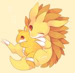  gen_1_pokemon heart hideko_(l33l3b) hug looking_at_viewer no_humans one_eye_closed pokemon pokemon_(creature) red_eyes sandshrew sandslash signature simple_background yellow_background 