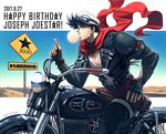  battle_tendency black_hair character_name chewing_gum fingerless_gloves gloves goggles goggles_on_headwear ground_vehicle hat jacket jojo_no_kimyou_na_bouken joseph_joestar_(young) kuren leather leather_jacket male_focus motor_vehicle motorcycle red_scarf scarf sign solo 