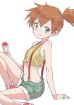  absurdres arm_support blue_eyes breasts brown_hair closed_mouth crop_top highres kasumi_(pokemon) looking_at_viewer midriff navel open_fly pokemon pokemon_(anime) pokemon_(classic_anime) shoes short_hair short_shorts short_sidetail shorts side_ponytail simple_background sitting small_breasts smile sneakers solo suspenders white_background yamamoto_souichirou 