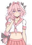  adjusting_hair arm_at_side astolfo_(fate) black_bow blush bow braid closed_mouth collarbone eyebrows_visible_through_hair fang_out fate/apocrypha fate_(series) hair_between_eyes hair_bow hair_intakes hand_in_hair highres kanachirou long_hair looking_at_viewer male_focus multicolored_hair navel neckerchief otoko_no_ko pink_hair pink_neckwear pink_skirt pleated_skirt school_uniform serafuku simple_background single_braid sketch skirt smile solo stomach streaked_hair twitter_username very_long_hair white_background white_hair 