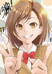  announcement_celebration blazer bow close-up grin honest_(honenano) index_finger_raised jacket looking_at_viewer misaka_mikoto red_bow short_hair smile solo to_aru_kagaku_no_railgun to_aru_majutsu_no_index tokiwadai_school_uniform upper_body v 