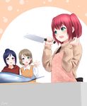  apron bangs blue_eyes blush collared_shirt fish floral_print hand_up holding holding_knife hood hood_down hoodie kitchen_knife knife kurosawa_ruby long_hair long_sleeves love_live! love_live!_sunshine!! matsuura_kanan motion_lines multiple_girls open_mouth papi_(papiron100) parted_lips pink_apron ponytail purple_eyes purple_hair red_hair shirt short_hair signature sweat sweater sweater_vest swept_bangs tareme tearing_up tears trembling turtleneck turtleneck_sweater twintails upper_body w_arms watanabe_you wing_collar 