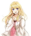  blonde_hair blue_eyes blush eyebrows_visible_through_hair fullmetal_alchemist hand_on_own_chest happy jacket long_hair looking_at_viewer open_mouth pink_shirt shirt simple_background smile solo tsukuda0310 white_background winry_rockbell 