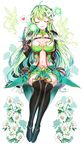  ahoge black_legwear boots breasts cleavage elf elsword fairy flower green_hair green_skirt hair_flower hair_ornament hamericano highres large_breasts long_hair navel night_watcher_(elsword) pointy_ears rena_(elsword) skirt smile thigh_boots thighhighs 