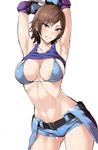  armpits arms_up ass_visible_through_thighs belt bikini blush breasts brown_eyes brown_hair elbow_pads grin groin hiiragi_yuuichi kazama_asuka large_breasts looking_at_viewer navel shiny shiny_skin short_hair short_shorts shorts simple_background smile solo swimsuit tank_top_lift tekken white_background 