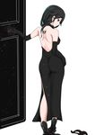  ass backless_dress backless_outfit bare_back bare_shoulders black_dress black_hair brown_eyes cinder_fall contrapposto dress elbow_gloves gloves high_heels komomo_(picturecollapse) looking_at_viewer looking_back low-cut mask mask_removed rwby short_hair side_slit smirk solo standing 