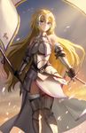  armor armored_boots armored_dress athenawyrm bangs bare_shoulders black_gloves blonde_hair blue_eyes boots breasts capelet chain commentary cowboy_shot elbow_gloves fate/apocrypha fate_(series) flag fur_trim gloves greaves headpiece holding holding_sword holding_weapon jeanne_d'arc_(fate) jeanne_d'arc_(fate)_(all) long_hair looking_at_viewer medium_breasts parted_lips solo sword thigh_boots thighhighs vambraces weapon 