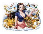  arm_support black_hair blue_eyes blue_jacket bodskih breasts collarbone eyewear_on_head gem groin jacket large_breasts long_hair midriff navel nico_robin one_piece partially_unzipped sarong shiny shiny_skin short_sleeves sitting smile solo stomach sunglasses transparent_background treasure treasure_chest 