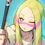  aiming bare_shoulders blonde_hair blue_background blurry blurry_foreground close-up commentary_request depth_of_field facepaint grey_eyes long_hair matsurika_(pokemon) off_shoulder one_eye_closed parted_lips pokemon pokemon_(game) pokemon_sm reiesu_(reis) shirt solo white_shirt 
