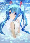  absurdres blue_eyes blue_hair eyebrows_visible_through_hair hair_between_eyes hair_ornament hatsune_miku highres long_hair looking_at_viewer looking_back qingye_ling shirt sleeveless sleeveless_shirt smile solo twintails upper_body very_long_hair vocaloid white_shirt 