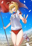  absurdres ahoge blonde_hair blush buruma confetti day fang fate/extra fate/grand_order fate_(series) flag green_eyes gym_uniform headband hieung highres name_tag nero_claudius_(fate) nero_claudius_(fate)_(all) olympian_bloomers open_mouth outdoors short_sleeves solo sportswear stadium standing standing_on_one_leg v 