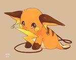  beige_background biting full_body gen_1_pokemon grey_eyes hideko_(l33l3b) looking_at_viewer lying no_humans on_stomach pokemon pokemon_(creature) raichu signature simple_background tail tail_biting tears 