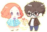  1girl 960tk amamiya_ren blue_coat blush brown_coat brown_eyes brown_hair chibi coat commentary_request english glasses heart okumura_haru orange_hair persona persona_5 purple_eyes skirt smile 