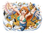  :d arms_up bangle bikini_top bird blue_pants bodskih bracelet breasts brown_eyes cleavage coin collarbone earrings gem green_bikini_top groin holding_necklace jewelry large_breasts long_hair looking_up midriff nami_(one_piece) navel one_piece open_mouth orange_hair pants ring sandals seagull shiny shiny_skin smile solo standing stomach transparent_background treasure treasure_chest 