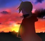  back_turned blonde_hair braid cloud cloudy_sky coat edward_elric floating_hair food fruit fullmetal_alchemist looking_away male_focus orange red red_coat riru sky solo sun sunset tree twilight yellow 