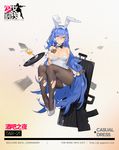  animal_ears assault_rifle bare_shoulders blue_hair bow bowtie breast_suppress breasts brown_gloves brown_legwear bullpup bunny_ears bunnysuit cleavage closed_mouth detached_collar fake_animal_ears frown full_body girls_frontline gloves gun gun_case hair_between_eyes hairband half_gloves high_heels highres kishiyo large_breasts leotard long_hair official_art pantyhose rifle solo tar-21_(girls_frontline) torn_clothes torn_legwear tray very_long_hair weapon wrist_cuffs yellow_eyes 