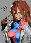  absurdres android_21 black-framed_eyewear blue_eyes breasts brown_hair checkered checkered_dress curly_hair dragon_ball dragon_ball_fighterz dress earrings eyewear_removed glasses hair_between_eyes highres holding holding_eyewear hoop_earrings jewelry labcoat lips long_hair medium_breasts solo zelus 