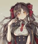  bangs black_hair blush breasts brown_eyes brown_hair closed_mouth commentary_request corset girls_frontline hair_between_eyes hand_up highres jacket_on_shoulders long_hair looking_at_viewer medium_breasts minncn necktie qbz-97_(girls_frontline) red_neckwear sidelocks solo twintails upper_body very_long_hair wavy_hair 