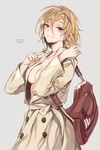  artist_name bag blonde_hair breasts brown_eyes coat collarbone commentary dated empew grey_background half-closed_eyes jewelry looking_at_viewer medium_breasts necklace no_bra open_clothes open_coat original parted_lips short_hair shoulder_bag simple_background smile solo tsurime unbuttoned 