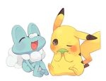  blush closed_eyes froakie gen_1_pokemon gen_6_pokemon grey_eyes hideko_(l33l3b) holding holding_leaf laughing leaf leg_hug no_humans one_eye_closed open_mouth pikachu pokemon pokemon_(creature) simple_background sitting smile white_background 