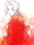  braid coat edward_elric expressionless eyebrows_visible_through_hair flamel_symbol frown fullmetal_alchemist looking_at_viewer looking_back lowres male_focus monochrome red red_coat riru solo spot_color 