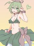  bikini bikini_skirt breasts brown_scrunchie cleavage frilled_bikini frills green_eyes green_hair hat jack_(wkm74959) looking_at_viewer medium_breasts navel open_mouth sarong scrunchie short_hair soga_no_tojiko solo swimsuit tate_eboshi touhou wrist_scrunchie 