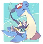  :d baseball_cap blue_background blush borrowed_garments closed_eyes closed_mouth clothed_pokemon english fang gen_1_pokemon happy_birthday hat heart hideko_(l33l3b) lapras no_humans open_mouth pokemon pokemon_(creature) smile vaporeon 