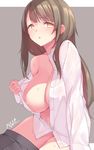  areola_slip areolae bangs bare_shoulders blunt_bangs blush breasts brown_hair highres hsuliherng large_breasts long_hair off_shoulder open_clothes open_mouth open_shirt original shirt simple_background skirt skirt_pull solo unbuttoned white_shirt yellow_eyes 