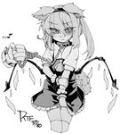  animal_ears ascot bangs blush closed_mouth collar commentary_request cowboy_shot cropped_legs eighth_note eyebrows_visible_through_hair flandre_scarlet greyscale hair_between_eyes hand_on_own_arm holding_leash kemonomimi_mode leash long_hair looking_at_viewer monochrome musical_note nail_polish pout shamo_(koumakantv) short_sleeves side_ponytail simple_background skirt skirt_set slit_pupils solo_focus tail thighhighs touhou white_background wrist_cuffs zettai_ryouiki 