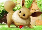  blurry blurry_background brick_wall closed_mouth commentary_request day depth_of_field eevee flower gen_1_pokemon grass no_humans outdoors playing poke_ball poke_ball_(generic) pokemon pokemon_(creature) realistic solo teru_sakura 