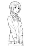  bangs collared_shirt eyebrows_visible_through_hair greyscale hair_over_shoulder jacket long_hair long_sleeves low_twintails monochrome parted_lips seitokai_yakuindomo shirt simple_background sketch solo standing twintails uomi upper_body white_background yuki_arare 