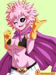  ;d alternate_costume ashido_mina bare_shoulders black_sclera bocodamondo boku_no_hero_academia breasts cape color_connection cosplay dragon_ball dragon_ball_z gloves highres horns large_breasts looking_at_viewer majin_buu majin_buu_(cosplay) navel one_eye_closed open_mouth patreon_username pink_hair pink_skin purple_cape short_hair smile solo stomach teeth underboob yellow_eyes yellow_gloves 