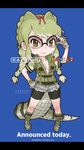  alligator_tail bike_shorts bike_shorts_under_shorts blue_background breasts cleavage english fingerless_gloves glasses gloves green_eyes green_hair hair_ribbon highres jacket kaiyoudou kemono_friends letterboxed medium_breasts official_art pun ribbon scientific_name shorts simple_background solo spectacled_caiman_(kemono_friends) translated yoshizaki_mine 