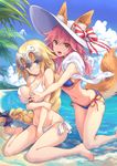  animal_ears barefoot beach bikini blonde_hair blue_bikini blue_eyes blue_sky braid breast_grab breasts butt_crack cloud day ears_through_headwear fate/apocrypha fate/extra fate/grand_order fate_(series) fox_ears fox_tail grabbing groping hat headpiece highres hinoki_yuu jeanne_d'arc_(fate) jeanne_d'arc_(fate)_(all) large_breasts looking_at_viewer medium_breasts multiple_girls navel o-ring o-ring_bikini o-ring_top open_mouth orange_eyes outdoors palm_tree pink_hair side-tie_bikini single_braid sky sun_hat swimsuit tail tamamo_(fate)_(all) tamamo_no_mae_(fate) tamamo_no_mae_(swimsuit_lancer)_(fate) tree white_bikini 