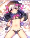  black_bra black_panties bra cameltoe capelet fate/extra fate/grand_order fate_(series) flat_chest gloves hat long_hair lying navel nursery_rhyme_(fate/extra) on_back panties red_eyes shimaji silver_hair solo spread_legs underwear 