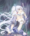  blue_eyes bracelet breasts cleavage dress earrings highres holding holding_sword holding_weapon jewelry kairiwhisper large_breasts left-handed long_hair looking_at_viewer myrtenaster necklace ponytail rapier ring rwby scar scar_across_eye solo sword thumb_ring weapon weiss_schnee white_hair 
