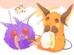  brown_eyes cutiefly fang flying gen_1_pokemon gen_7_pokemon hand_to_own_mouth hideko_(l33l3b) multicolored multicolored_eyes no_humans pokemon pokemon_(creature) purple_eyes raichu red_eyes sitting venonat 