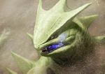  energy face gen_2_pokemon glowing_mouth green_skin looking_to_the_side no_humans open_mouth pokemon pokemon_(creature) realistic red_eyes sand scales sharp_teeth slit_pupils snout solo spikes tail teeth teru_sakura tongue tyranitar 