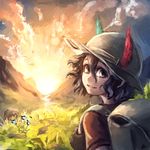  backpack bag black_eyes black_hair ceramic_man cloud commentary_request faux_traditional_media flower gloves grass hat hat_feather helmet highres hill kaban_(kemono_friends) kemono_friends looking_at_viewer looking_back pith_helmet signature smile solo sunlight sunrise texture upper_body valley 