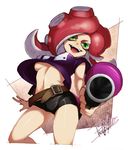  artist_name belt bike_shorts black_shorts breasts cowboy_shot cropped_legs evil_smile foreshortening green_eyes holding holding_weapon isamu-ki_(yuuki) long_hair looking_at_viewer medium_breasts no_bra octarian octoling octoshot_(splatoon) open_mouth print_shirt purple_shirt red_hair shirt short_shorts short_sleeves shorts signature single_vertical_stripe smile solo splatoon_(series) splatoon_2 standing t-shirt takozonesu tentacle_hair underboob upshirt weapon 