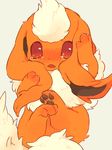  blush crying crying_with_eyes_open fang flareon from_above gen_1_pokemon grey_background hideko_(l33l3b) looking_at_viewer lying no_humans on_back parted_lips pokemon pokemon_(creature) red_eyes self_hug simple_background tears 