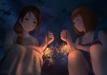  :d ^_^ ^o^ ahoge bangs bare_shoulders blurry blush bow brown_eyes brown_hair closed_eyes collarbone commentary_request depth_of_field fireworks from_below grin hair_ornament hair_over_shoulder hair_scrunchie hand_on_own_knee holding long_hair long_sleeves looking_down love_live! love_live!_sunshine!! multiple_girls night night_sky open_mouth outdoors overalls papi_(papiron100) parted_lips pink_scrunchie raglan_sleeves sakurauchi_riko scrunchie senkou_hanabi short_hair signature sky smile sparkler squatting star_(sky) starry_sky striped takami_chika teeth 