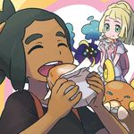  1girl :d alolan_form alolan_raichu backpack bag bangs black_hair black_shirt blonde_hair closed_eyes commentary_request cosmog dark_skin dark_skinned_male dress eating food gen_7_pokemon green_eyes happy hau_(pokemon) holding holding_food lillie_(pokemon) looking_at_another looking_at_viewer malasada open_mouth pokemon pokemon_(creature) pokemon_(game) pokemon_sm ponytail reiesu_(reis) shirt short_sleeves signature smile white_dress 