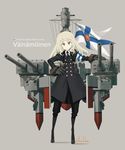  armband asterisk_kome black_coat black_gloves black_neckwear buttons cannon commentary_request finnish_flag flag fur-trimmed_sleeves fur_trim gloves green_eyes grey_hair highres long_hair long_sleeves looking_at_viewer machinery mecha_musume military military_uniform military_vehicle necktie original personification ship simple_background solo standing turret uniform vainamoinen_(ship) warship watercraft 