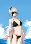  absurdres alternate_costume arms_at_sides bikini black_blindfold blindfold blue_sky breasts cleavage cloud covered_eyes day dress_shirt drmax facing_viewer grey_hair groin headband highres large_breasts navel nier_(series) nier_automata ocean off_shoulder outdoors shirt short_hair side-tie_bikini signature sketch sky solo strap_gap swimsuit thighs water yorha_no._2_type_b 