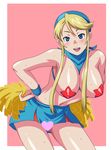  bad_id bad_pixiv_id between_breasts blonde_hair blue_eyes blush breasts breasts_outside censored cheerleader hairband hands_on_hips heart heroman large_breasts leaning_forward lina_davis makino_tomoyasu novelty_censor pasties pom_poms simple_background skirt smile solo sweat 